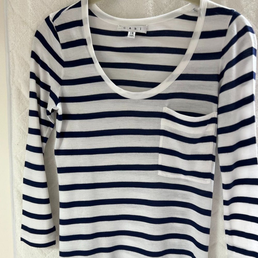 CABI Women's 3/4 Length Sleeve Blue & White Striped Lightweight Tee ~ XS